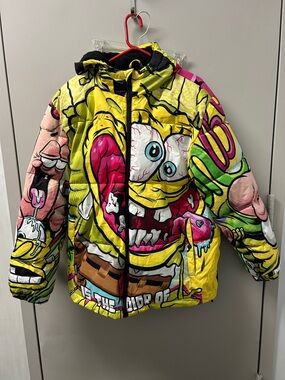 Members  Only Sponge Bob Graphic Hooded Puffer Jacket - Yellow Pink, Green Sz XL